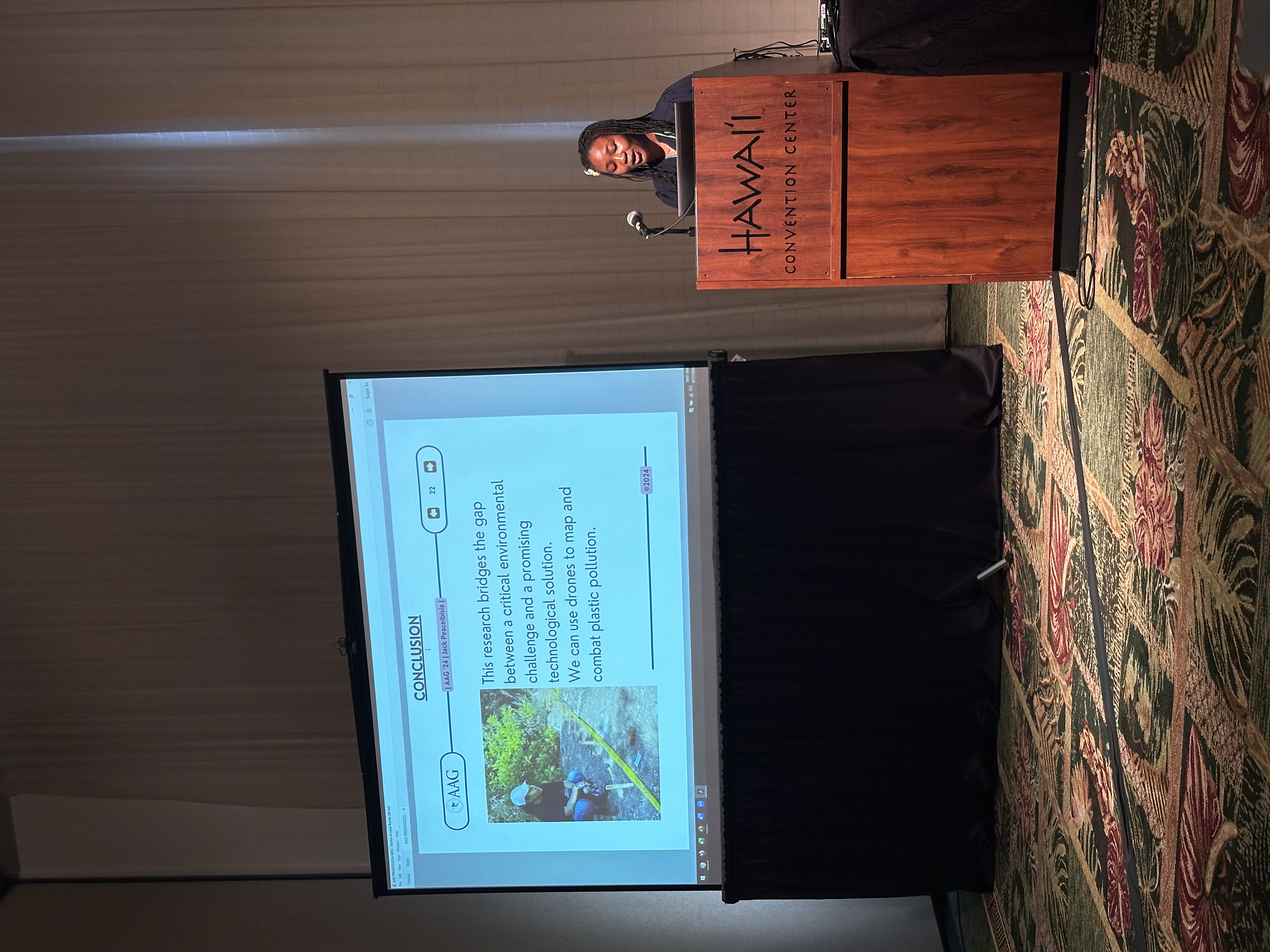 Presenting research on drone-based plastic pollution mapping at the American Association of Geographers (AAG) Annual Meeting in Hawaii.